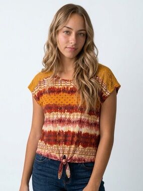 Kristin Nicole Women's XL Boho Geometric Print Blouse Lace Accents